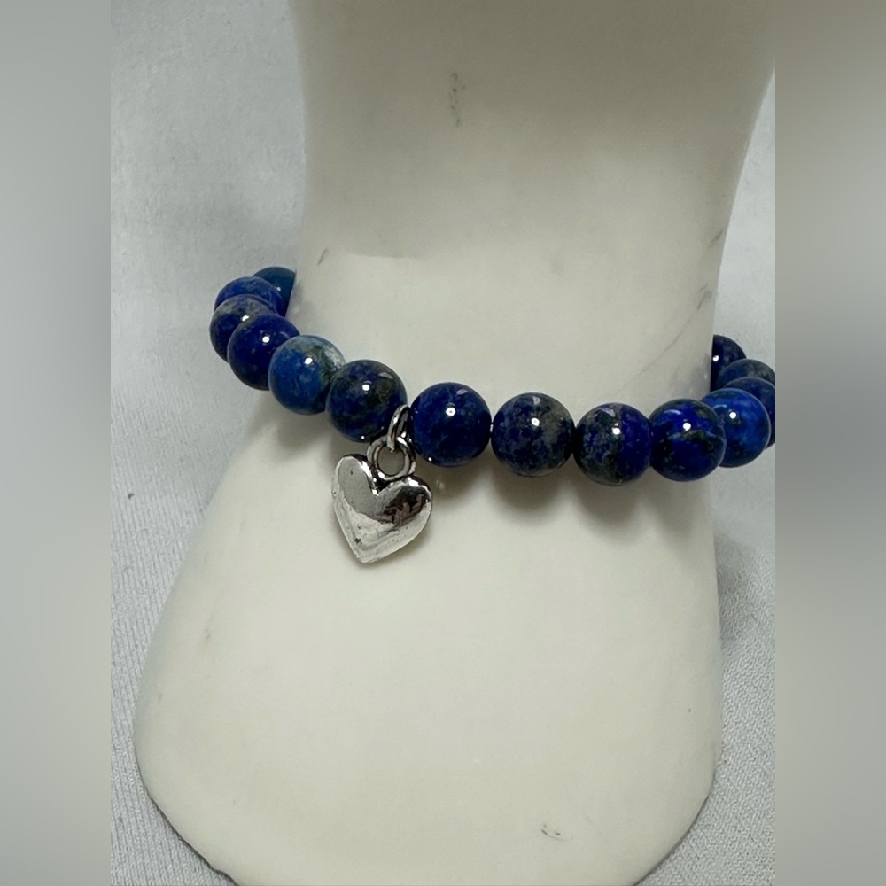 Lapis Lazuli 8mm bead stretch bracelet with silver tone heart charm